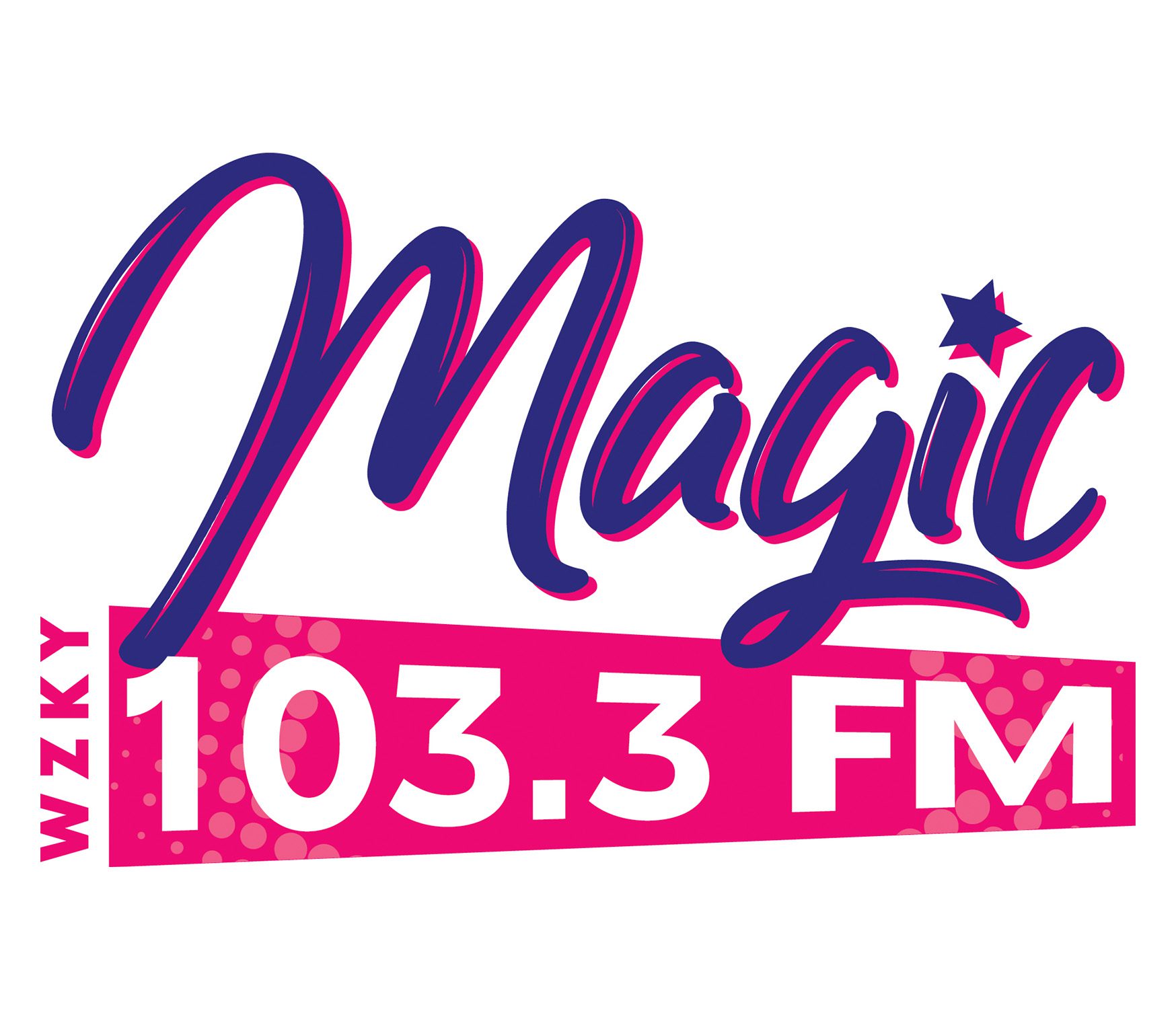 Logo of Magic 103.3 FM Featuring Stylized Text ‘Magic’ in Blue and Pink, With a Star Accent Above the ‘I’, and the FM Frequency 103.3 in a Magenta Rectangle Beneath, Highlighted With White Dots for a Dynamic and Lively Radio Station Branding.